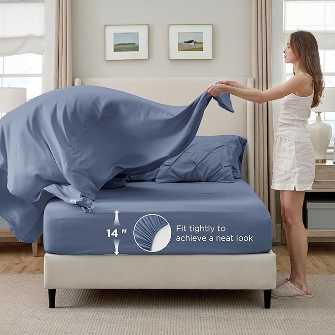 Bedsure King Size Comforter Set Slate Blue - Bed in a Bag Bedding Set 7 Pieces, GentleSoft™ Pintuck Bed Set Gift for Family, Pinch Pleat Slate Blue Comforter with Sheets, Pillowcases & Shams