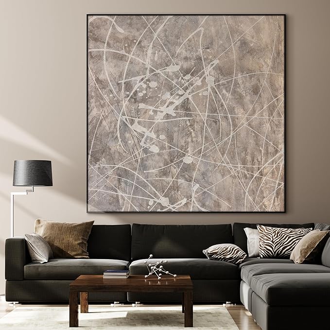 36"x36" Large Framed Wall Art - Splatter Beige and Gray Graffiti Style (Frame Assembly Required)