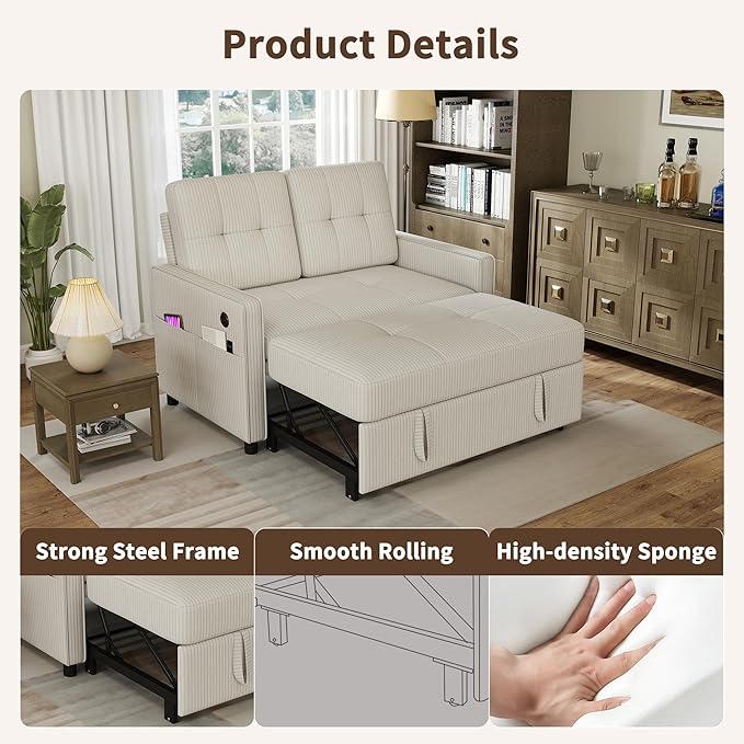 3 in 1 Convertible Sleeper Sofa Bed, Pull Out Couch with Charging Station, Corduroy Small Loveseat Sleeper Sofa with Adjustable Backrest for Apartment, Bedroom, Small Space（White）