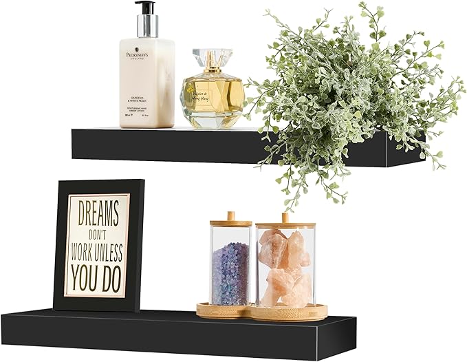 Sorbus Floating Shelves for Wall - Set of 2 Black Wood Wall Shelves for Living Room, Kitchen, Bedroom, Bathroom Storage - 16" Book Shelf for Wall Decor, Home Decor, Farmhouse, Frames & Trophy Display