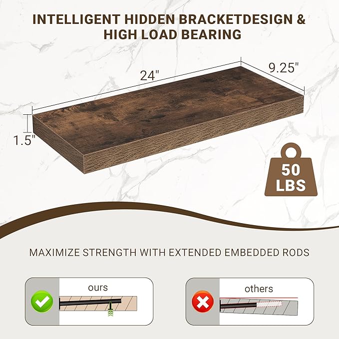 24 Inch Floating Shelves, 24"x9.25"x1.5" Inch Deep Floating Shelves for Wall, Wooden Shelves for Bathroom, Bedroom, Living Room, Brown, 2 Pieces