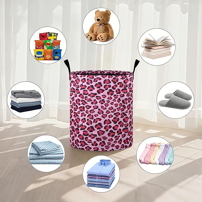 Pink Leopard Laundry Basket Foldable Oxford Cloth Tote Bag Laundry Hamper Clothes Storage Bucket Organizer For Bathroom/Laundry Storage/Bedroom 19.6x15.7 Inch