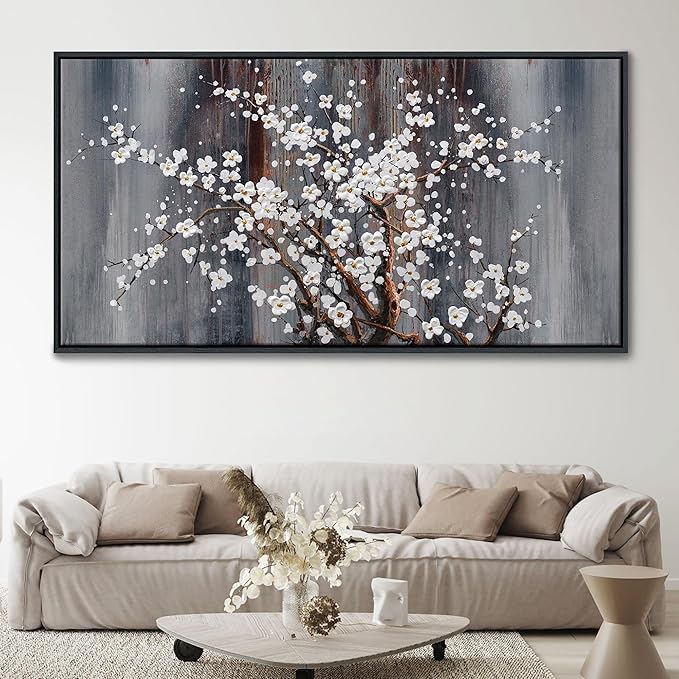 Wall Art for Living Room Large Modern Wall Decor Canvas Paintings for Wall Decorations White Flower Brown Bedroom Office Artwork Plum Blossom Art Prints Framed 29×58IN