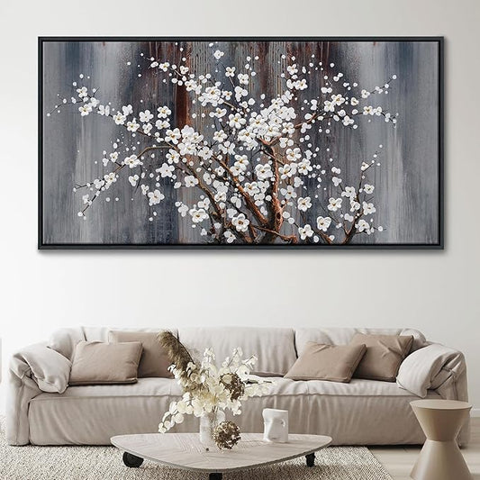 Wall Art for Living Room Large Modern Wall Decor Canvas Paintings for Wall Decorations White Flower Brown Bedroom Office Artwork Plum Blossom Art Prints Framed 24×48IN