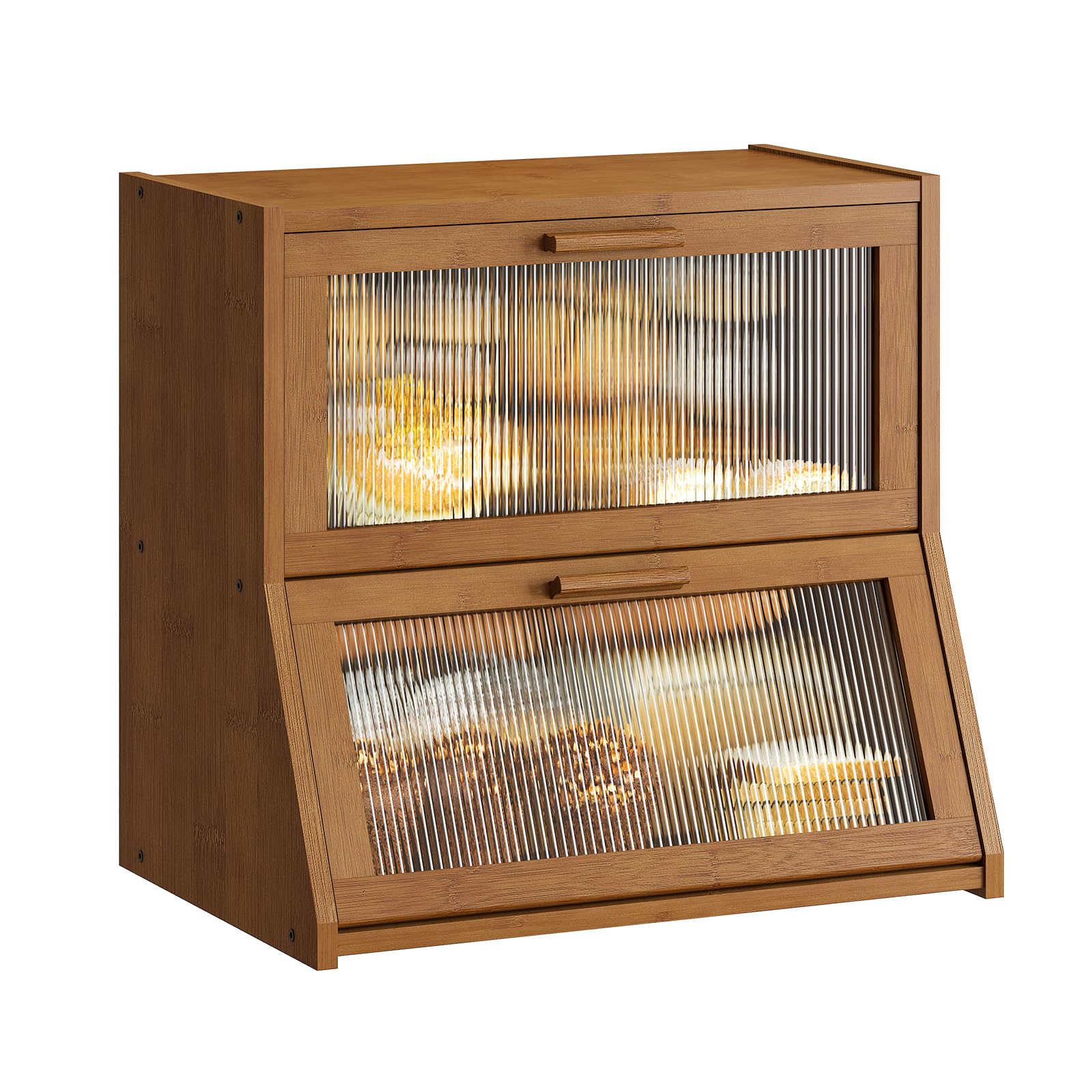 GHWIE Double Layer Bamboo Bread Box for Kitchen Counter,Large Capacity Bread Storage Bin,Bread Container with Acrylic Wavy Door Panel (Natural, Medium)