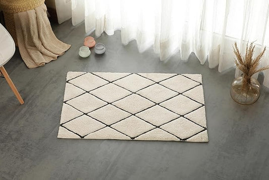 Organic Cotton Bathroom Rug, Luxury Non Slip Ultra Soft & Water Absorbent Bath Mat| Diamonds Design Premium Bath Rug | Perfect for Tub & Shower, Toilet Floors, Door Mat (36"x24", Ivory & Black)