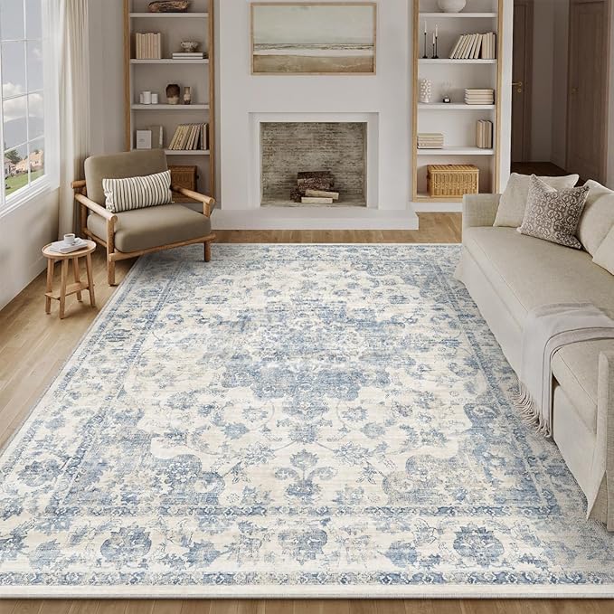 10x14 Neutral Area Rug Blue Vintage Living Room Bedroom Washable Carpet Non-Slip Soft Low Pile Floral Indoor Large Throw Rug for Dining Room Office