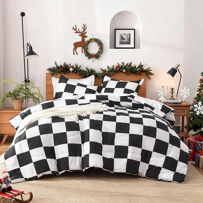 Andency Checkered Comforter Twin XL(68x92Inch), Black White Plaid Gingham Buffalo Grid Bed Set for Students Boys Kids Teens, 2 Pieces Lightweight Microfiber Geometric Dorm Bedding
