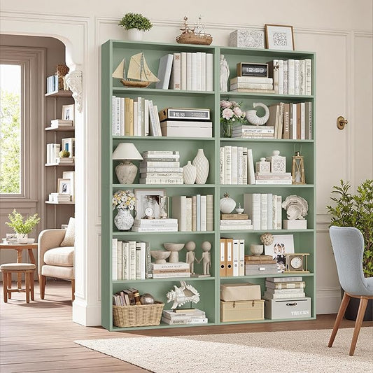 FOTOSOK 6-Tier Open Bookcase and Bookshelf Set of 2, Freestanding Display Storage Shelves Tall Bookcase for Bedroom, Living Room and Office,Green