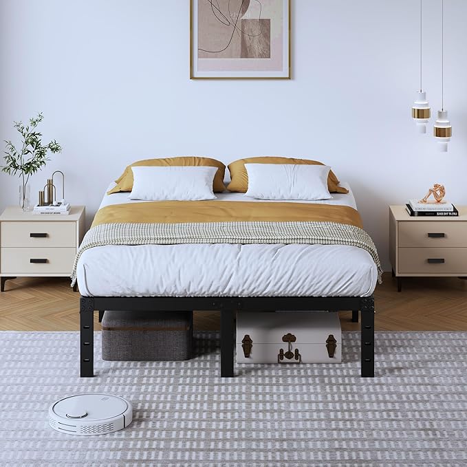Full Metal Bed Frame - 14 Inch Tall Heavy Duty Bedframe Black Basic Steel Slats Platform No Box Spring Needed/Easy Assembly/Noise Free