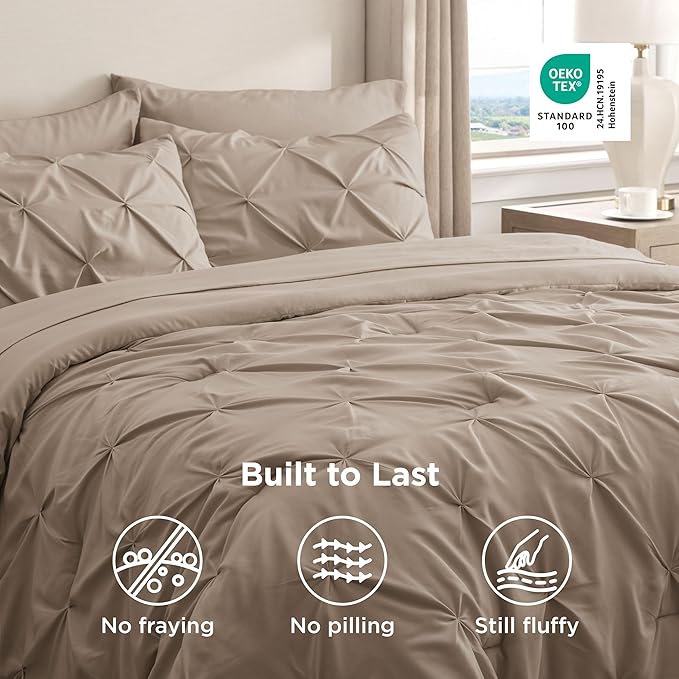 Bedsure Full Size Comforter Sets - Bedding Sets Full 7 Pieces, Pintuck Bed in a Bag Khaki Bed Set with Comforter, Sheets, Pillowcases & Shams