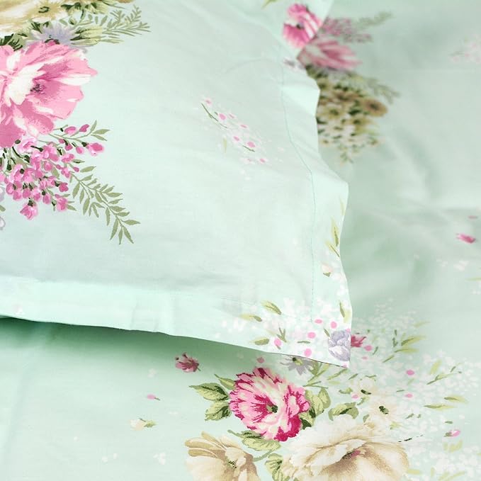 FADFAY Green Floral Duvet Cover Sets Vintage Flower Printed Bedding Ultra Soft 100% Cotton Designer Bedding Set 3 Pieces, 1duvet Cover & 2pillowcases (Twin Size, Simple Style)