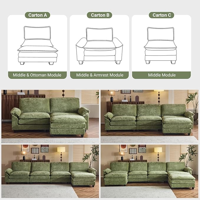 VINGLI 87" Convertible Sectional Sofa,L-Shaped Deep Seat Sofa Couch for Living Room,Modern 2-Seat Loveseat Sofa with Ottoman for Small Space(Olive Green)