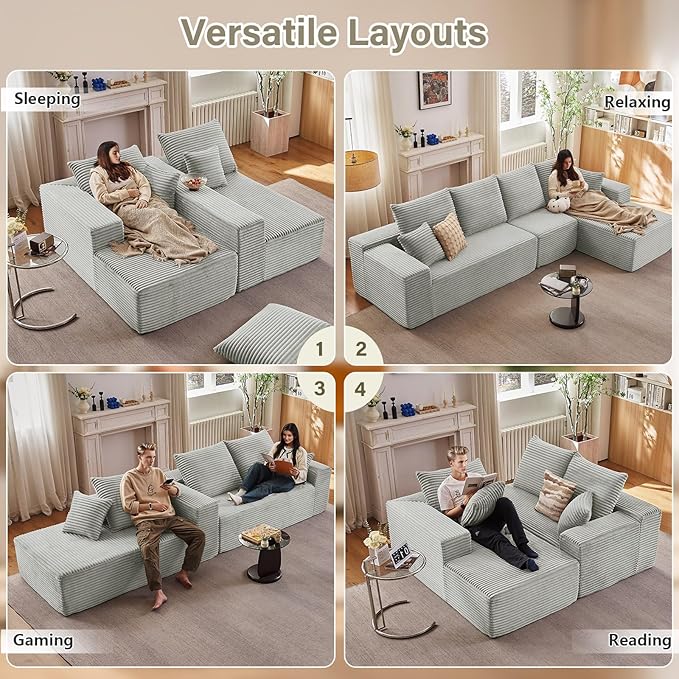 135" Cloud Sectional Couch with L-Shape Chaise, Modern Modular Comfy Sofa Chaise Longue, Upholstered Corduroy Couches Sleeper with Deep Seat for Living Room Bedroom, No Assembly Required, Grey