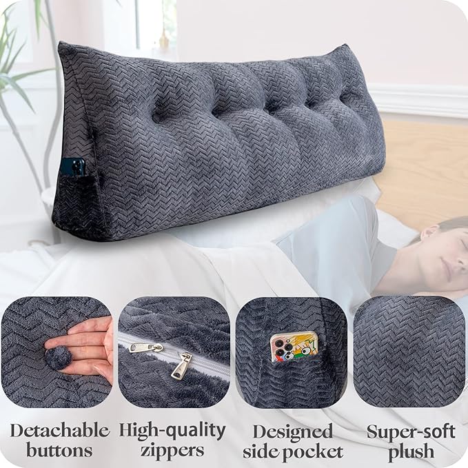Large Bolster Triangular Headboard Wedge Backrest Positioning Support Bed Rest Reading Pillows Headboard Wedge Pillows for Day Bed Bunk Bed with Removable Cover, Full (54x8x20 Inches)