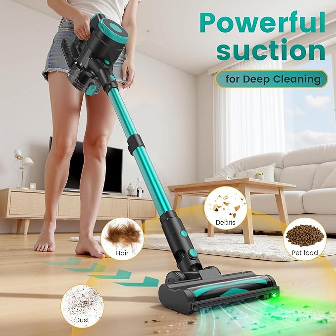Zefiro Cordless Vacuum Cleaner,45Mins Runtime Stick Vacuum, Anti-Tangle and 1.5L Dust Cup, Lightweight Vacuum for Hardwood Floor Carpet Pet Hair (grenn&Black)