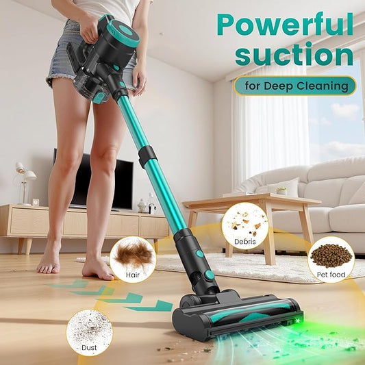 Zefiro Cordless Vacuum Cleaner,45Mins Runtime Stick Vacuum, Anti-Tangle and 1.5L Dust Cup, Lightweight Vacuum for Hardwood Floor Carpet Pet Hair (grenn&Black)