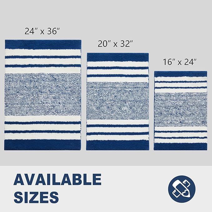 CozeCube Bath mats for Bathroom Non Slip, Fluffy Absorbent Microfiber Bath mat Washable, Aesthetic Bathroom Rugs, Cute Navy Blue Striped Bath mat, Navy Blue, 32" x 20"