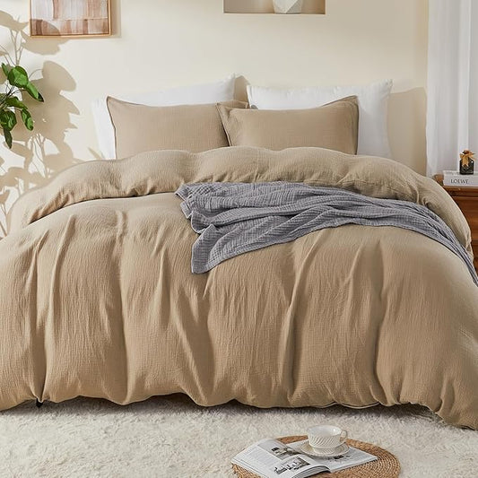 EMME Muslin Cotton Duvet Cover Set Khaki King Size Linen Like Soft Breathable Lightweight Summer Comforter Cover Set with Zipper Closure (Khaki, King, 104"x90")