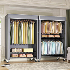 FUTASSI Black Clothing Rack with Grey Cover, P1C Plus Rolling Closets with Wheels, Metal Garment Rack for Hanging Clothes, Clothing Storage Wardrobe, 46