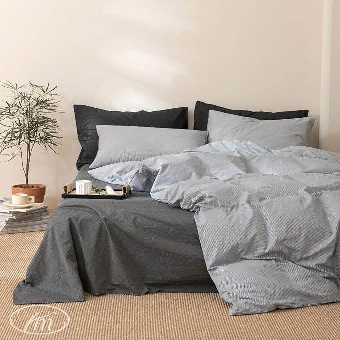 VM VOUGEMARKET Grey Pinstriped Duvet Cover Set Queen 100% Washed Cotton Bedding Set,Ticking Stripes Pattern Duvet Cover with Zipper Closure (3pcs, Horizontal Stripes)