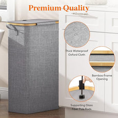 Lifewit 75L Slim Laundry Hamper with Lid, Narrow Laundry Basket with Removable Bag & Bamboo Handles, Fodable Thin Dirty Clothes Hamper for Laundry Collapsible Bin for Bathroom Bedroom Dorm, Gray