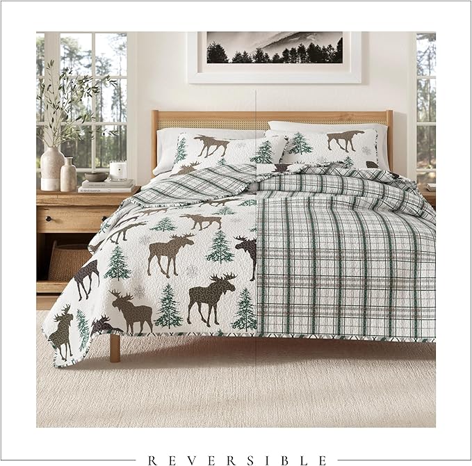 Great Bay Home Lodge Bedspread Twin/Twin XL Size Quilt with 1 Sham. Cabin 2- Piece Reversible All Season Quilt Set. Rustic Quilt Coverlet Bed Set. Wilderness Collection (Moose - Chocolate)