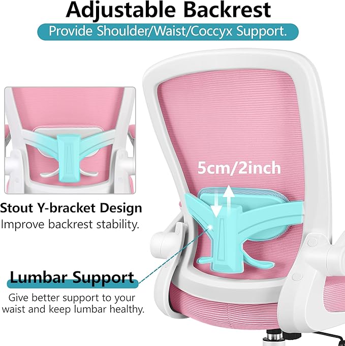 FelixKing Office Chair, Ergonomic Desk Chair Breathable Mesh Chairs Adjustable High Back Lumbar Support Flip-up Armrests, Executive Rolling Swivel Comfy Computer Chairs Home Office Pink