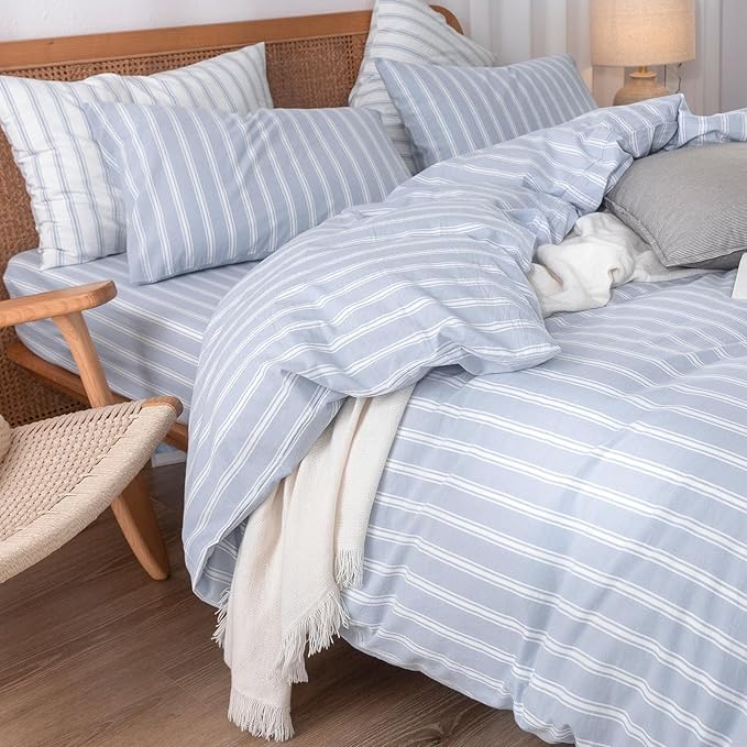 BESTOUCH Duvet Cover Set 100% Washed Cotton Linen Feel Super Soft Comfortable Chic Lightweight 3 PCs Home Bedding Set Cornflower Blue & White Stripes King
