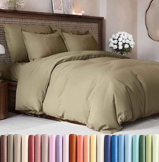 CGK Unlimited Duvet Cover Queen Size Set - Extra Soft Queen Size Duvet Cover 90 x 90 with 2 Pillow Shams - Hotel Quality, Fade Free w/Zipper Closures & Ties - Bedding and Bed Linens Set (Khaki)