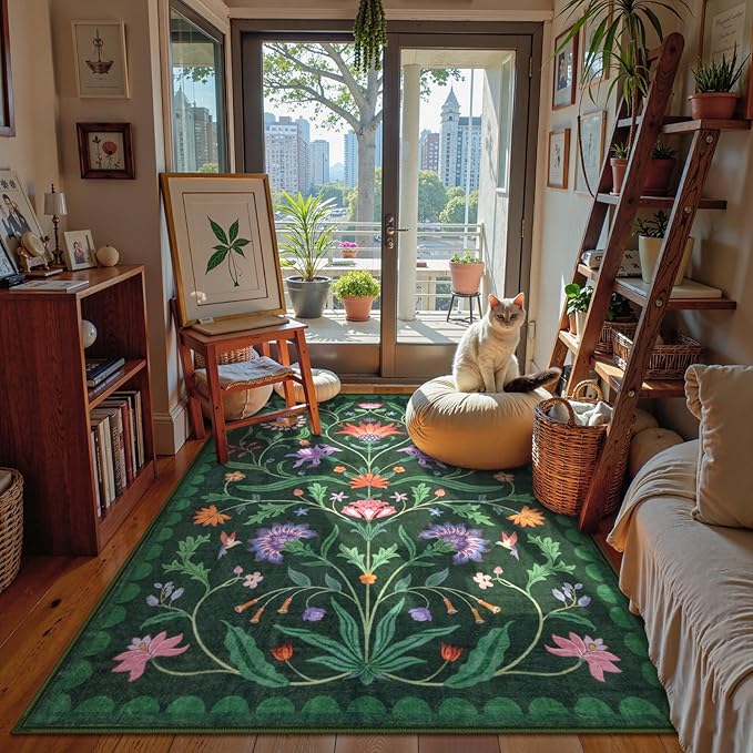 Lahome Boho Floral Washable Green 5x7 Area Rugs for Living Room, Non Slip Rugs for Bedroom Entryway, Indoor Ultra-Thin Throw Dining Room Carpet for Under Table Kitchen Dorm(Forest Green,5x7)