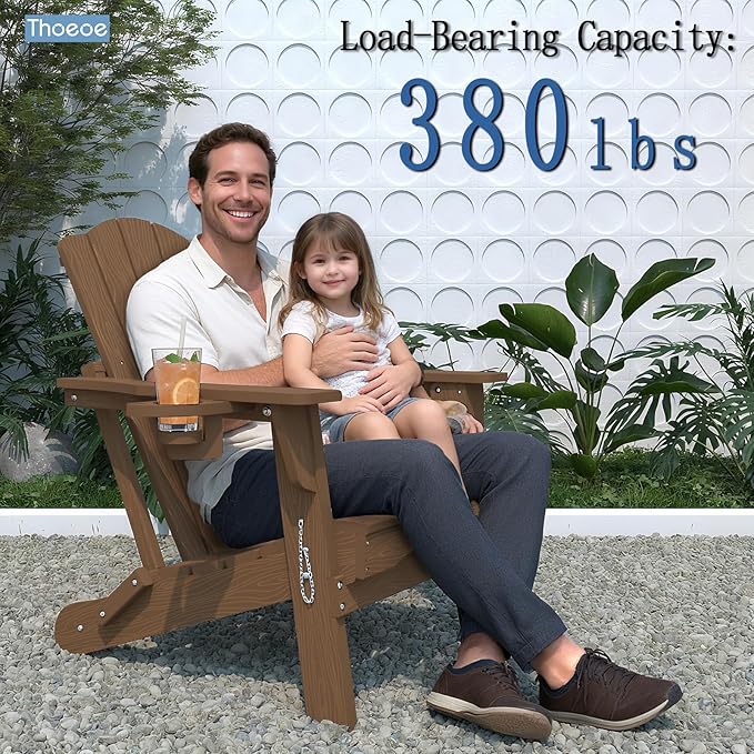Adirondack Chair Set of 2, Folding All-Weather Outdoor HDPE Patio Chair with Cup Holder, Wood