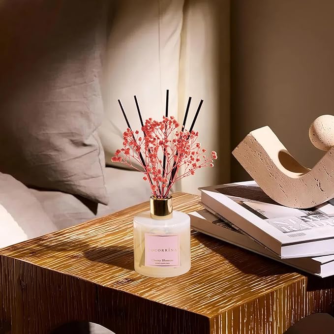 COCORRÍNA Reed Diffuser - Cherry Blossom 6.7 Fl.oz Reed Diffuser Set with Sticks & Preserved Baby's Breath, Reed Diffuser for Home Bathroom Shelf Decor