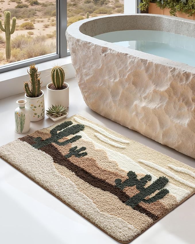 DEXI Bathroom Rug Washable, 32x20 Non Slip Bath Large Mat Absorbent, Soft Plush Microfiber Bathmat Quick Dry for Shower Floor, Desert