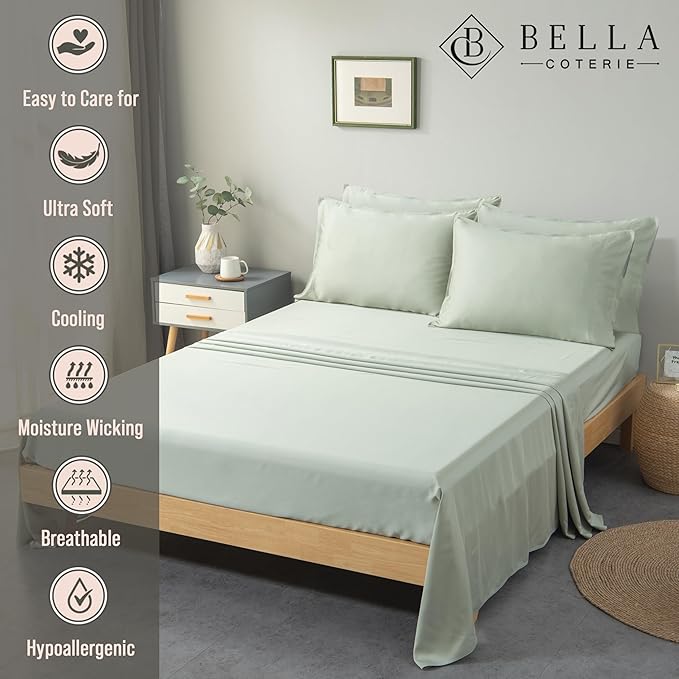 Bella Coterie 6 Piece Luxury Bamboo Viscose Queen Size Sheet Set | 100% Organically Grown | Cooling for Hot Sleepers | 18" Deep Pocket | Soft & Hypoallergenic | 4 Pillowcases [Sea Glass]