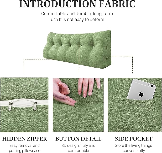 8 lbs Thickened Twin Headboard Pillow Wedge College Dorm Bed Pillow for Backrest Reading Triangular Pillow with Side Pocket for Sitting in Bed, Dorm Bedding Essentials for Girls & Boys Green