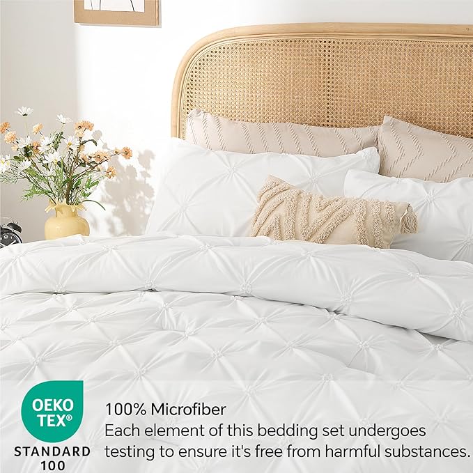 BEDELITE White Queen Comforter Set - 3 Pieces Boho Pintuck Bedding Comforter Sets, Lightweight Soft & Warm Bed Comforter Queen with 2 Pillowcases for All Season