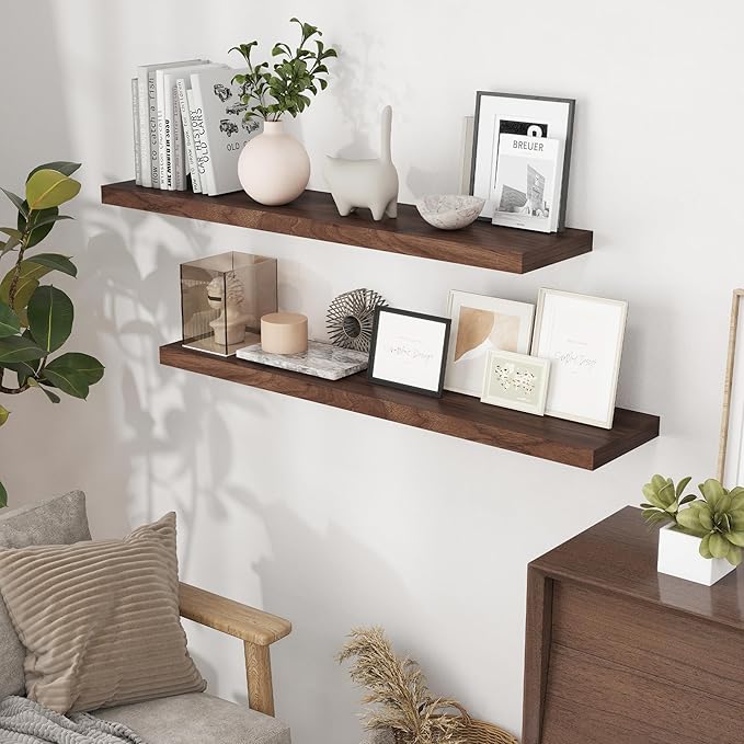 Fun Memories Floating Shelves for Wall, 48 x 9.3 Large Floating Shelf Wall Mounted Set of 2, Rustic Wood Shelves for Bathroom, Kitchen, Living, Heavy-Duty Storage Deep Shelf for Books, Decor, Walnut