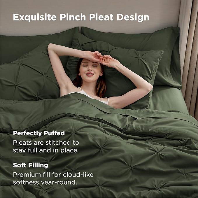 Bedsure Full Comforter Set Olive Green - Bed in a Bag Full Size Bedding Set 7 Pieces, GentleSoft™ Pintuck Bed Set Gift for Family, Pinch Pleat All Season Comforter with Sheets, Pillowcases & Shams