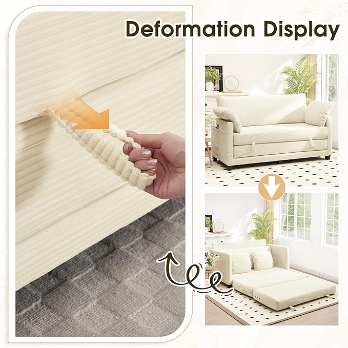 65" Convertible Loveseat Sofa Bed, 2-in-1 Folding Sofa Bed with 2 Pillow for Small Spaces, Modern Sleeper Couch for Apartment, Living Room & Guest Room (Corduroy Beige, 65 inch)