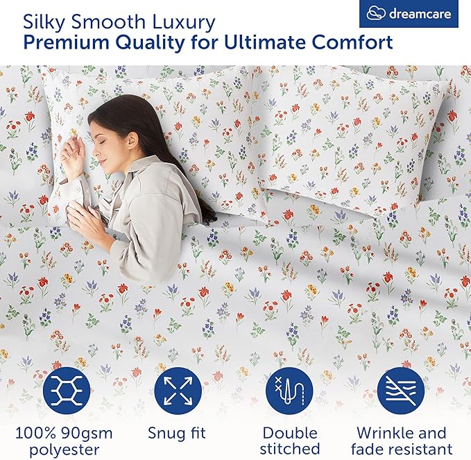 DREAMCARE Queen Size Sheets - Cooling Bed Sheets - 4pcs Set - Queen Sheet Set - Sheets Queen Size Bed - Queen Size Sheet Sets - Soft & Long Lasting 100% Fine Brushed Floral Sheets - Multi Floral DREAMCARE