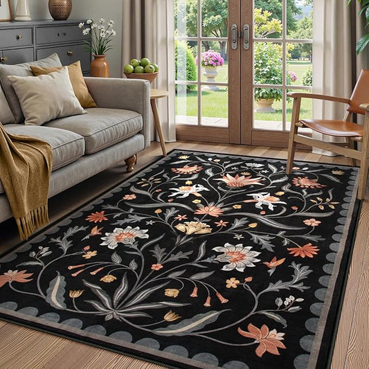 Lahome Boho Floral Washable Black 5x7 Area Rugs for Living Room, Non Slip Rugs for Bedroom Entryway, Indoor Ultra-Thin Throw Dining Room Carpet for Under Table Kitchen Dorm(Black,5x7)