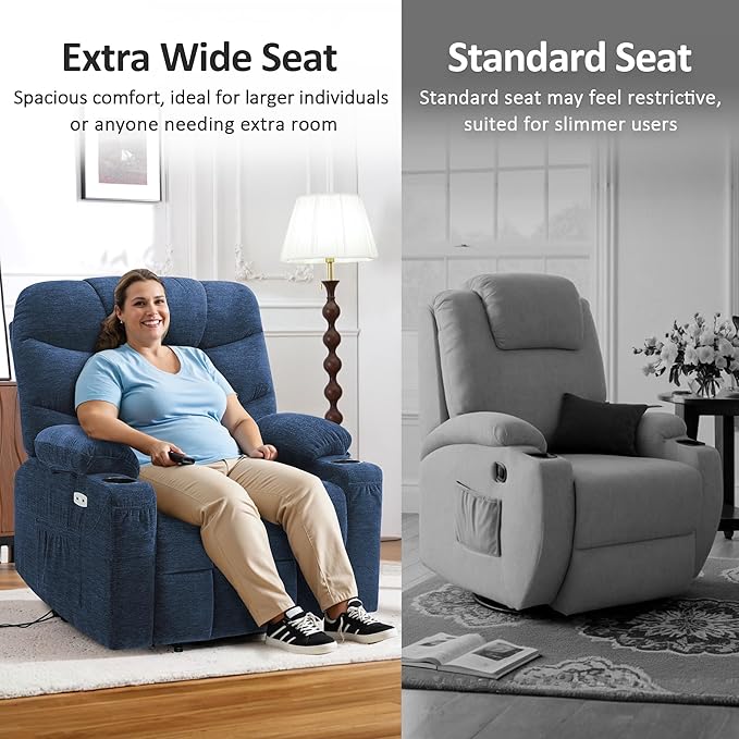 MCombo Oversized Power Lift Recliner Chair with Extended Footrest, Extra Wide 27.2" for Big and Tall Elderly People, Fabric R7399 (Navy Blue, Large-Oversize)