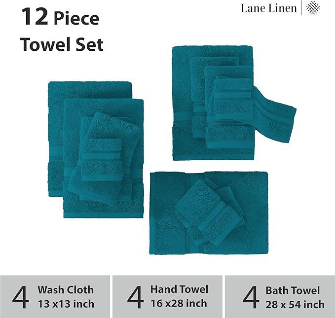 LANE LINEN Luxury Bath Towels Set - 12 Piece, 100% Cotton, Zero Twist, Super Soft & Absorbent, 4 Bath Towels, 4 Hand Towels, 4 Washcloths - Sea Port
