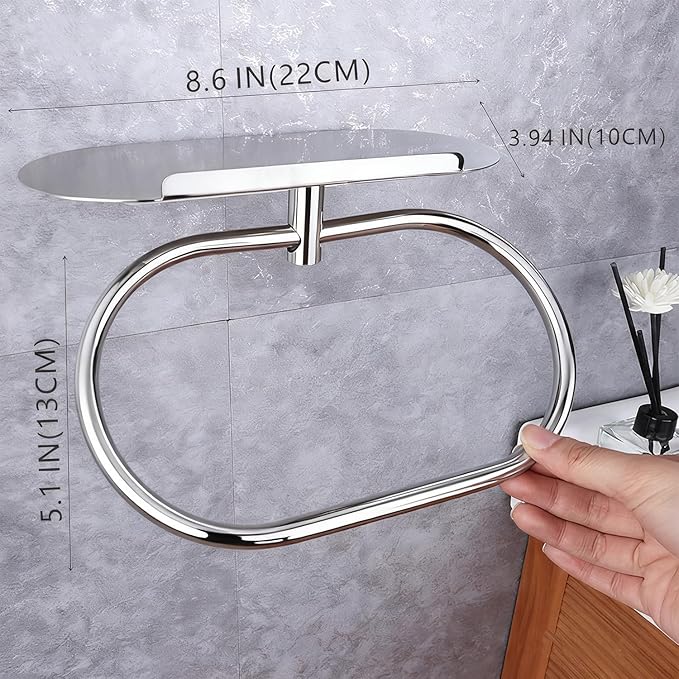 Towel Ring with Shelf Steel Self, Stainless Steel Bath Towel Rings, Self Adhesive Hand Towel Ring for Bathroom, Wall Mounted Towel Hanger for Bathroom Kitchen (Chrome)