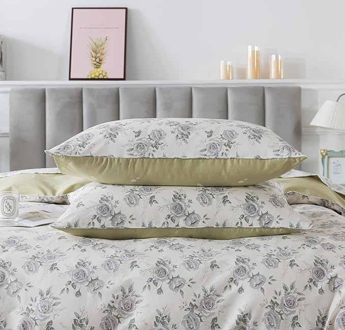 FADFAY Rose Duvet Cover Set Full Rustic Peony Floral Bedding Vintage Botanical Quilt Cover Set Shabby Farmhouse Bedding 100% Cotton Soft Comforter Cover with Hidden Zipper Closure 3Pcs, Full Size