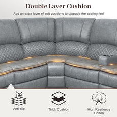 Manual Reclining Sectional Sofa Set, 6 Seats Soft Leather Recliner Corner Sectional Couch, Family-Sized L-Shaped Recliner Couch with USB Charging, Thickened Padding, Sturdy Frame, Grey