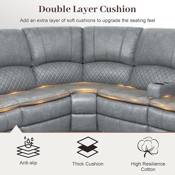 Manual Reclining Sectional Sofa Set, 5 Seats Soft Leather Recliner Corner Sectional Couch, Family-Sized L-Shaped Recliner Couch with USB Charging, Thickened Padding, Sturdy Frame, Grey