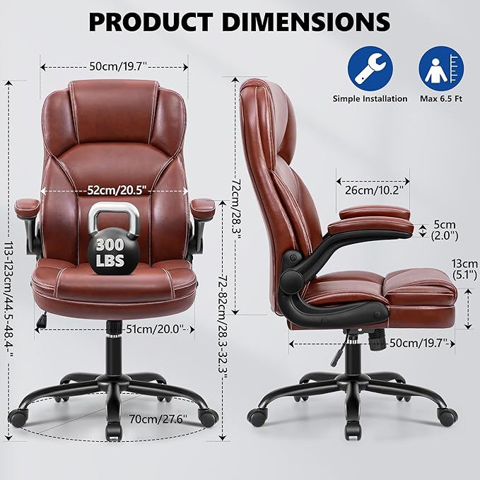 PU Leather Executive Office Chair, Ergonomic Mid-Back Computer & Gaming Chair with Adjustable Height, Rolling Swivel & Flip-Up Armrests, Comfy Padded Seat for Home Office-Brown