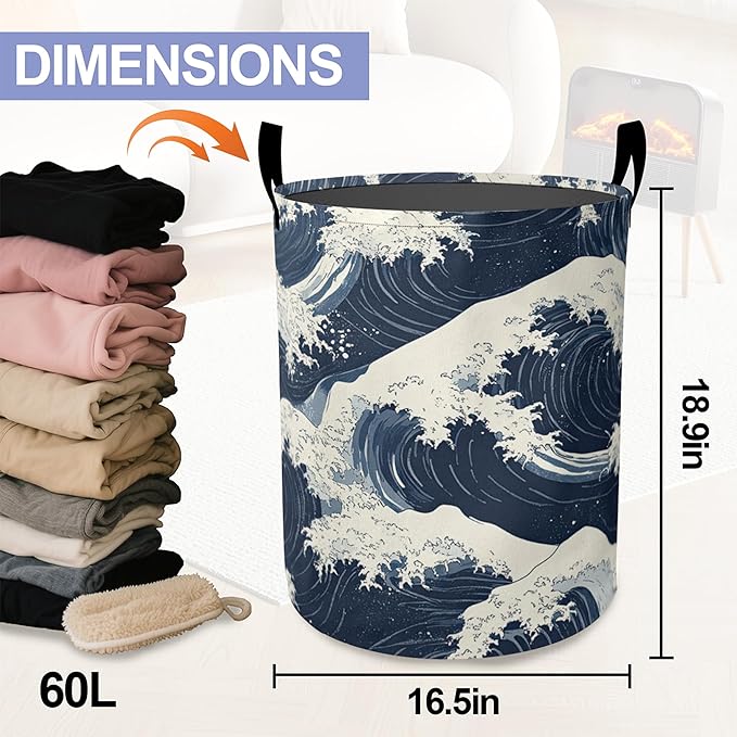 Japanese Style Waves Laundry Hamper Large Canvas Fabric Lightweight Storage Basket/Dirty Clothes Collapsible Waterproof for College Dorms, Boys and Girls Bedroom,Bathroom